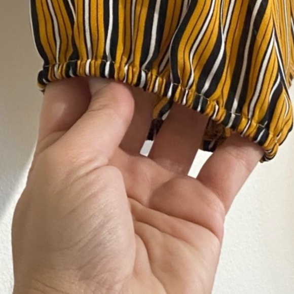 Daisy May mustard yellow and black vertical striped cropped front tie blouse - Picture 7 of 7